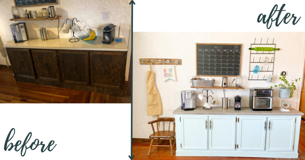 Farmhouse Kitchen renovation turn old cabinets into coffee bar